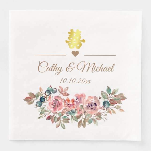 Servilleta De Papel De Cena Boda chino elegante rústico polvoriento rosa flora (Anverso)