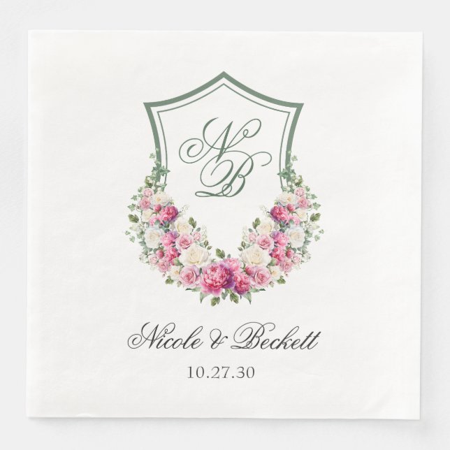 Servilleta De Papel De Cena Boda con Cresta Floral Rosa (Anverso)