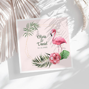Servilleta De Papel De Cena Boda con Marco Dorado de Flamenco Tropical Rosa