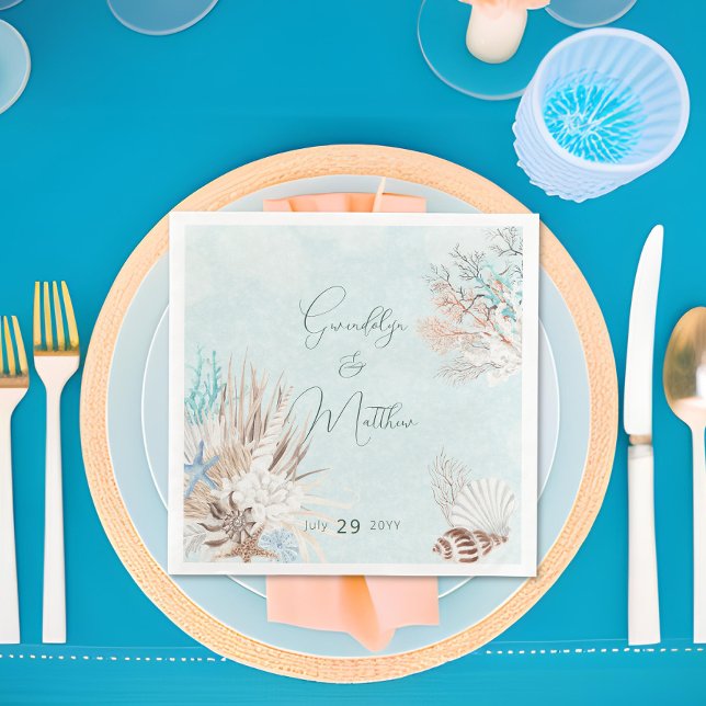 Servilleta De Papel De Cena Boda de Aqua Ocean & Shells (Modern Aqua Ocean & Shells Wedding Dinner Napkin)
