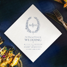 Servilleta De Papel De Cena Boda de arte en monograma óvalo de hoja azul oscur