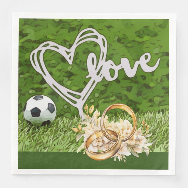 Servilleta De Papel De Cena Boda de fútbol temática con pelota sobre césped ve (Anverso)
