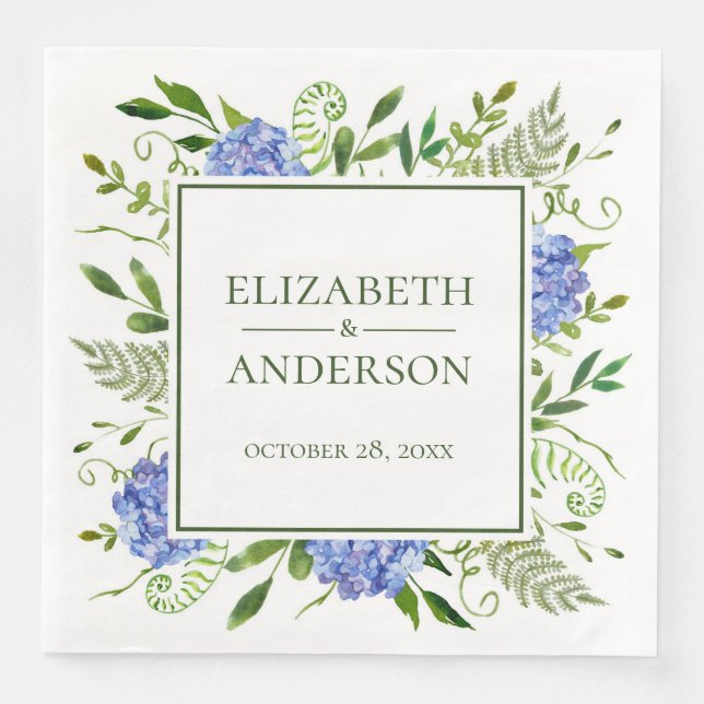 Servilleta De Papel De Cena Boda de Hortensias Azules (Anverso)