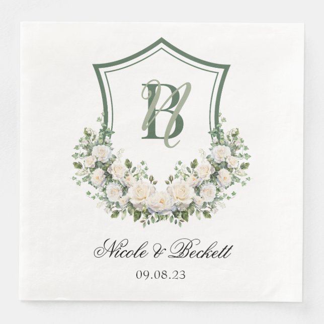 Servilleta De Papel De Cena Boda Escudo de Flores Blancas (Anverso)