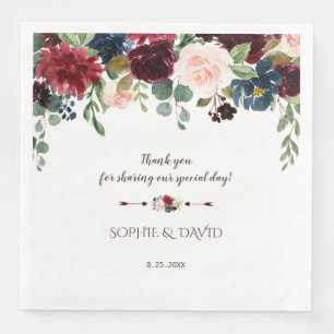 Servilleta De Papel De Cena Boda floral azul de la Marina Charm Merlot
