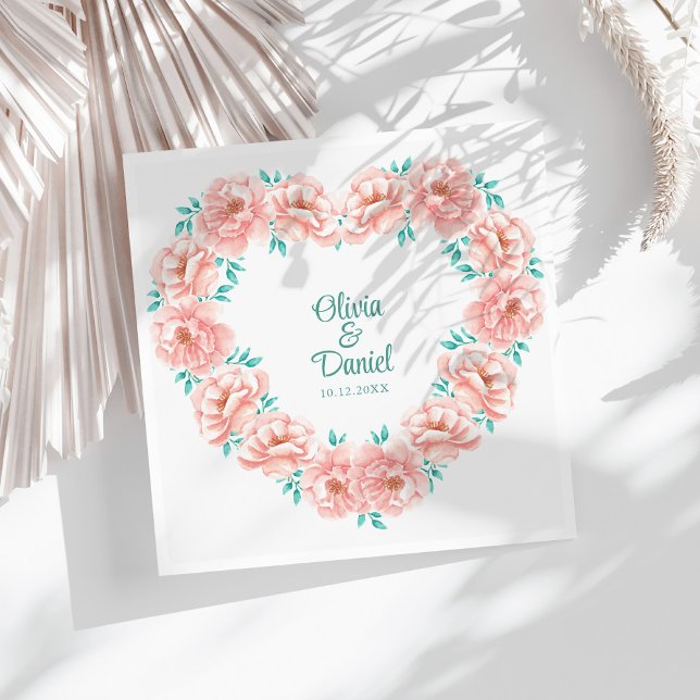 Servilleta De Papel De Cena Boda floral melocotón y turquesa (Peach and Turquoise Floral Wedding Paper Dinner Napkins on a sunny white table.)