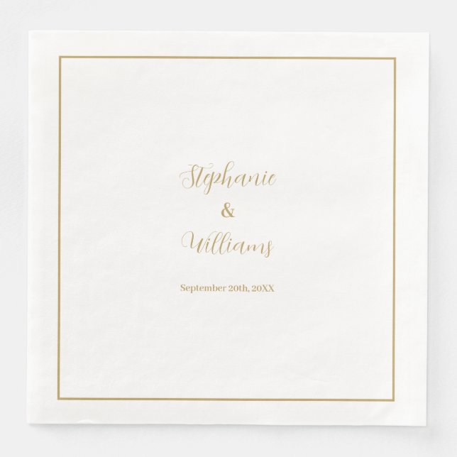 Servilleta De Papel De Cena Boda Nombre Simple Elegante Blanco Oro (Anverso)