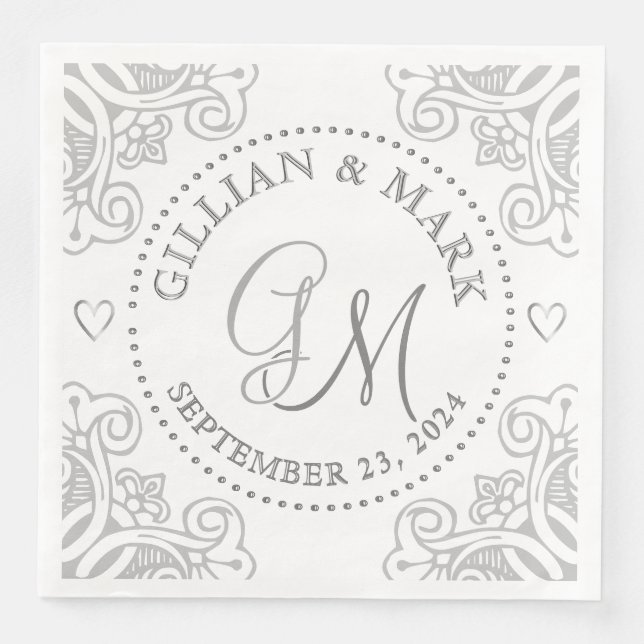 Servilleta De Papel De Cena Boda Plata Monogramada Cubierta Cardíaca (Anverso)