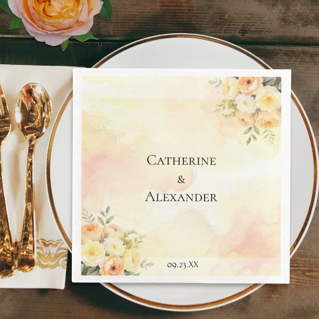Servilleta De Papel De Cena Boda Rústica Boho Acuarela Rosas (An elegant paper napkin for a wedding reception, with rustic roses, couple's name and wedding date)