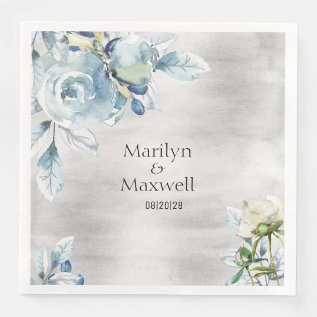 Servilleta De Papel De Cena Boda Silver Dusty Blue Peony de 8 pulgadas (Anverso)