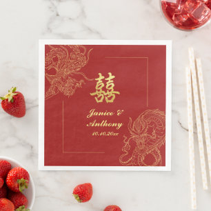 Servilleta De Papel De Cena Boda tradicional china roja del dragón fénix