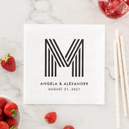 Servilleta De Papel De Cena Bodas con Monograma de Rayas en Blanco y Negro