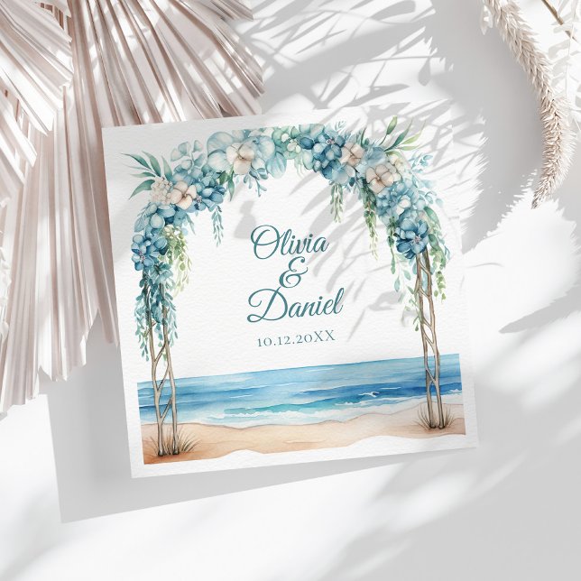 Servilleta De Papel De Cena Boho Blue Floral Arch Beach Wedding (Boho Blue Floral Arch Beach Wedding Paper Dinner Napkins on a sunny table with boho dry flowers)