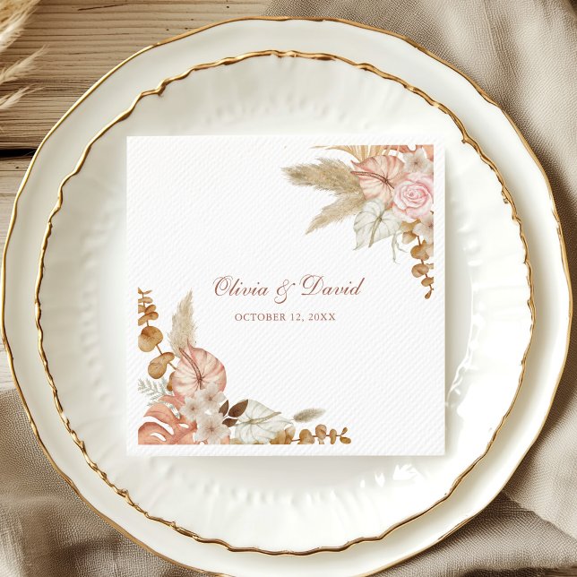 Servilleta De Papel De Cena Boho Elegant Pampas Napkins Boda Floral Grass (Boho Elegant Pampas Grass Floral Wedding Napkins on a wedding table in white and gold plate)