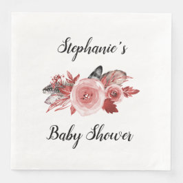 Servilleta De Papel De Cena Boho Feathers Rosas Burgundy Baby Shower