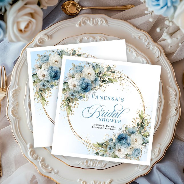 Servilleta De Papel De Cena Boho light blue flowers eucalyptus gold bridal  (Boho light blue flowers eucalyptus gold bridal napkins

)