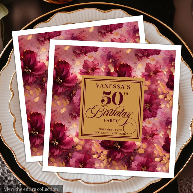 Servilleta De Papel De Cena Boho Rojo Oscuro Dorado Cumpleaños 50 de Moda (Trendy Boho Dark Red Blush Gold 50th Birthday Paper Dinner Napkins )