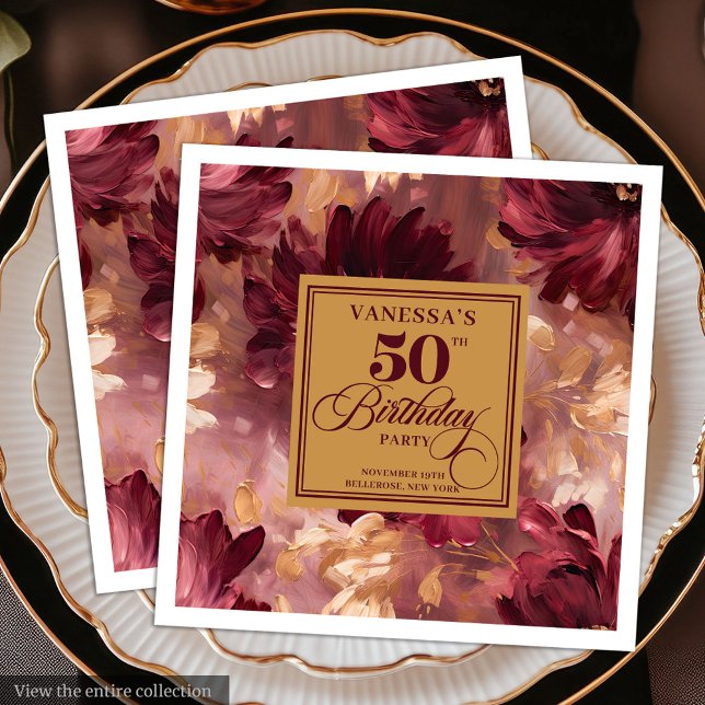 Servilleta De Papel De Cena Boho Rojo Oscuro Dorado Cumpleaños 50 de Moda (Trendy Boho Dark Red Blush Gold 50th Birthday Paper Dinner Napkins)