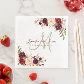 Servilleta De Papel De Cena Borgoña Floral Elegante Monograma Rústico Boda Na