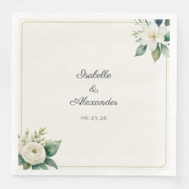 Servilleta De Papel De Cena Botanical White Floral Green Leaves Personalized