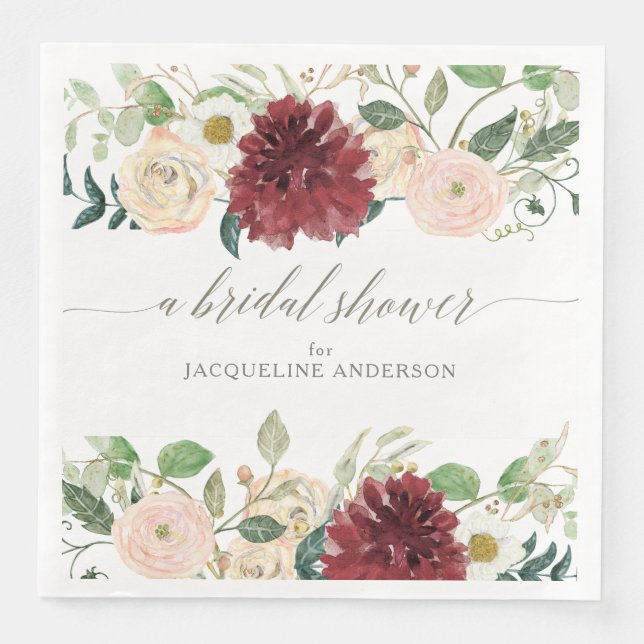 Servilleta De Papel De Cena Bridal Shower Autumn Burgundy Rosa Floral Foliage (Anverso)