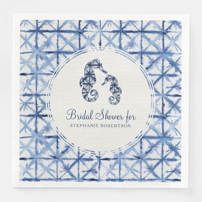 Servilleta De Papel De Cena Bridal Shower Seahorse Beach Shibori Indigo Ocean (Anverso)