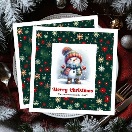 Servilleta De Papel De Cena Bright cartoon snowman with snowflakes kids napkin