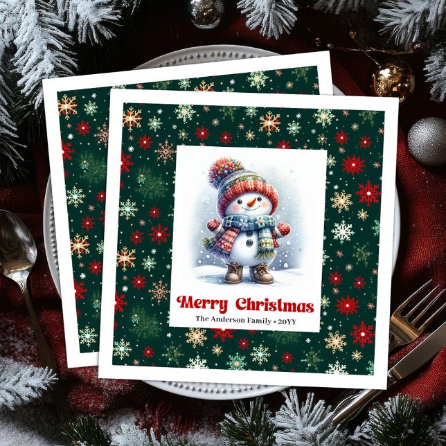 Servilleta De Papel De Cena Bright cartoon snowman with snowflakes kids napkin (Bright cartoon snowman with snowflakes kids napkins)