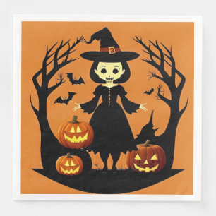 Servilleta De Papel De Cena Bruja de Halloween con calabazas en un entorno esp