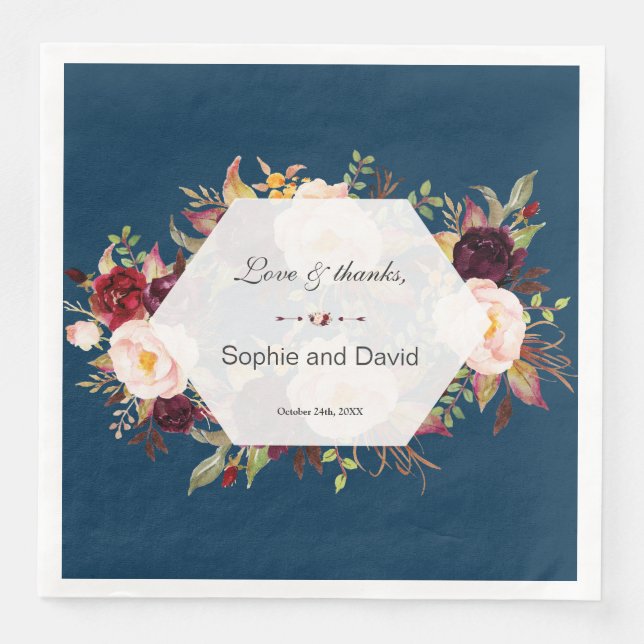 Servilleta De Papel De Cena Burgundy Marsala Boda de la Marina Geométrica Flor (Anverso)