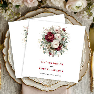Servilleta De Papel De Cena Burgundy Moderna Floral Eucalipto Verde Dorado