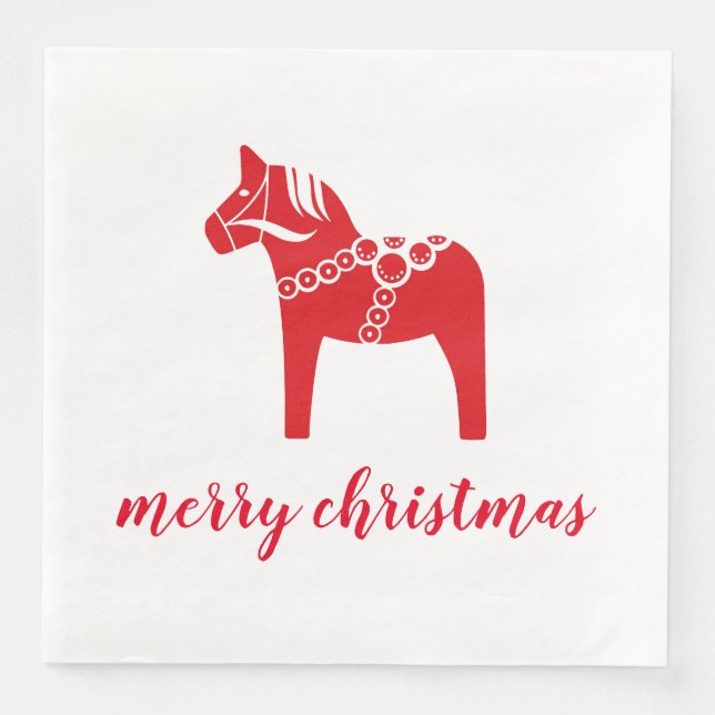 Servilleta De Papel De Cena Caballo Rojo Escandinavo Nórdico Feliz Navidad (Anverso)