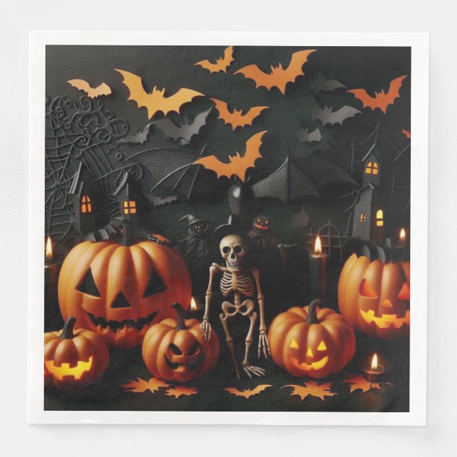 Servilleta De Papel De Cena Calabazas y esqueleto (Anverso)