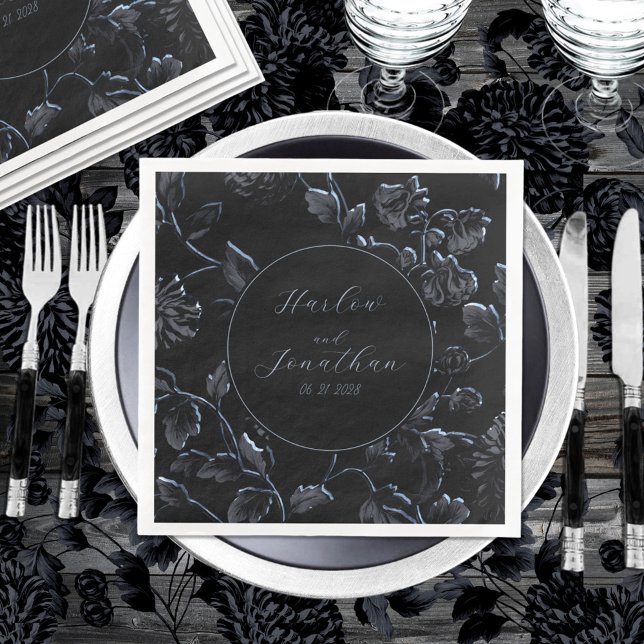 Servilleta De Papel De Cena Caligrafía romántica Boda negro y plateado (Subido por el creador)