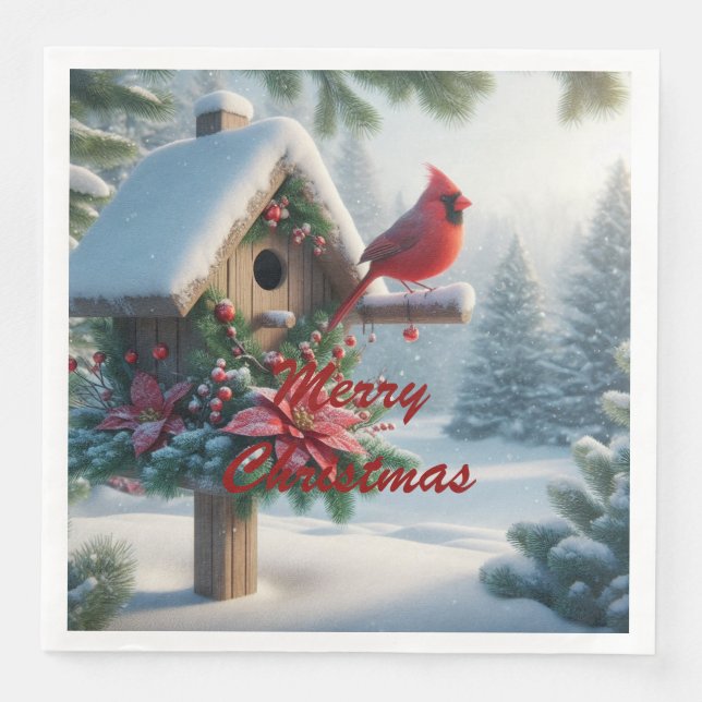 Servilleta De Papel De Cena Cardenal de invierno en un hogar festivo (Anverso)