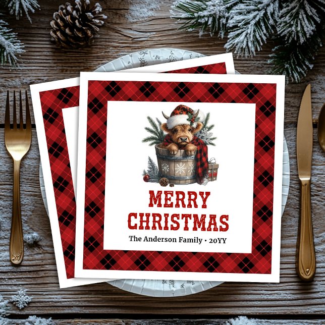 Servilleta De Papel De Cena Charming highland cow holiday red black tartan (Charming highland cow holiday red black tartan Paper Dinner Napkins)