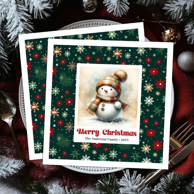 Servilleta De Papel De Cena Cheerful Christmas Snowman Napkins Custom Name  (Bright funny snowman watercolor kids napkins)