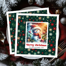 Servilleta De Papel De Cena Cheerful Christmas snowman with snowflakes kids 