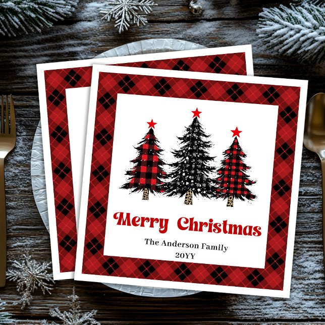 Servilleta De Papel De Cena Chic Buffalo Plaid Tree Christmas Napkins (Chic Buffalo Plaid Tree Christmas Napkin)