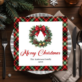 Servilleta De Papel De Cena Chic Christmas Wreath with Red Green Plaid Napkins
