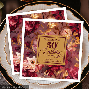 Servilleta De Papel De Cena Clásico Rubor de Borgoña Dorado Floral 50 Cumpleañ