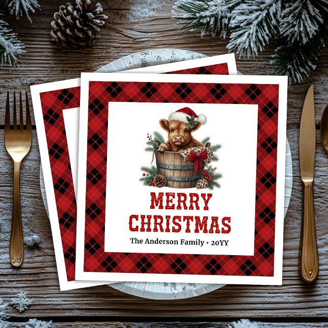 Servilleta De Papel De Cena Classic highland cow Christmas napkins red black  (Classic highland cow Christmas napkins red black plaid joy

)