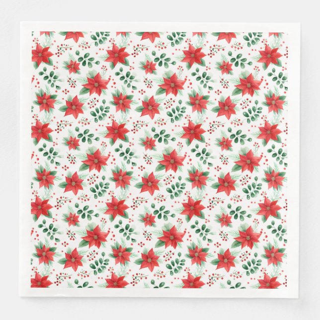 Servilleta De Papel De Cena Classic Red Poinsettias Botanical Pattern (Anverso)