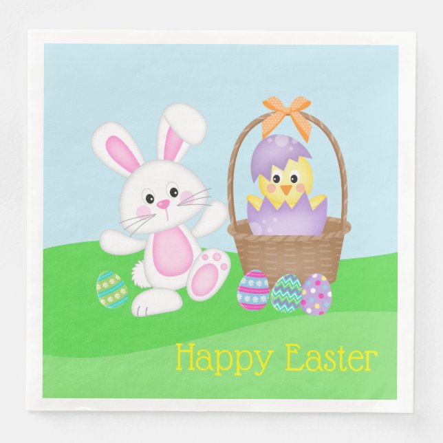 Servilleta De Papel De Cena Conejo de Pascua y pollito bebé (Anverso)