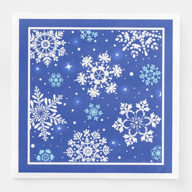Servilleta De Papel De Cena Copo de Nieve Blanco Sobre Azul (Anverso)
