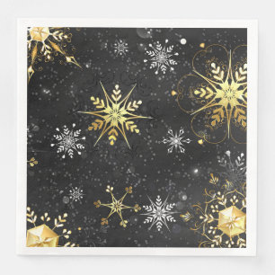 Servilleta De Papel De Cena Copos de nieve dorados de Navidad sobre fondo negr