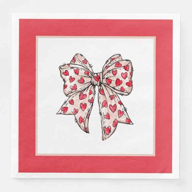 Servilleta De Papel De Cena Corazones con Lazo Rojo (Anverso)