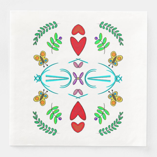 Servilleta De Papel De Cena Corazones y mariposas Arte Popular (Anverso)