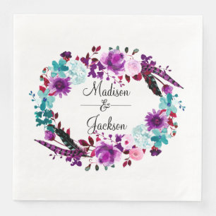 Servilleta De Papel De Cena Corona floral Boho Chic púrpura Monograma de boda