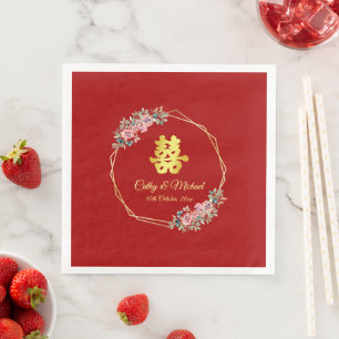 Servilleta De Papel De Cena Corona floral geométrica de oro rojo boda china
